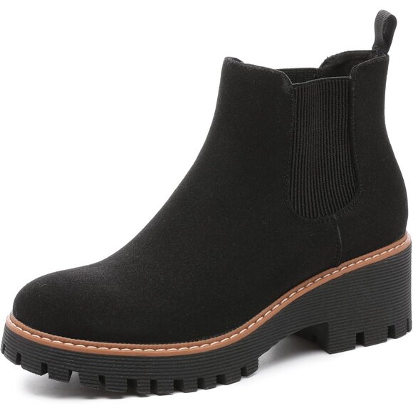 Womens Black Suede Leather Low Wedge Heel Slip On Chunky Platform Ankle Boots - Picture 1 of 6